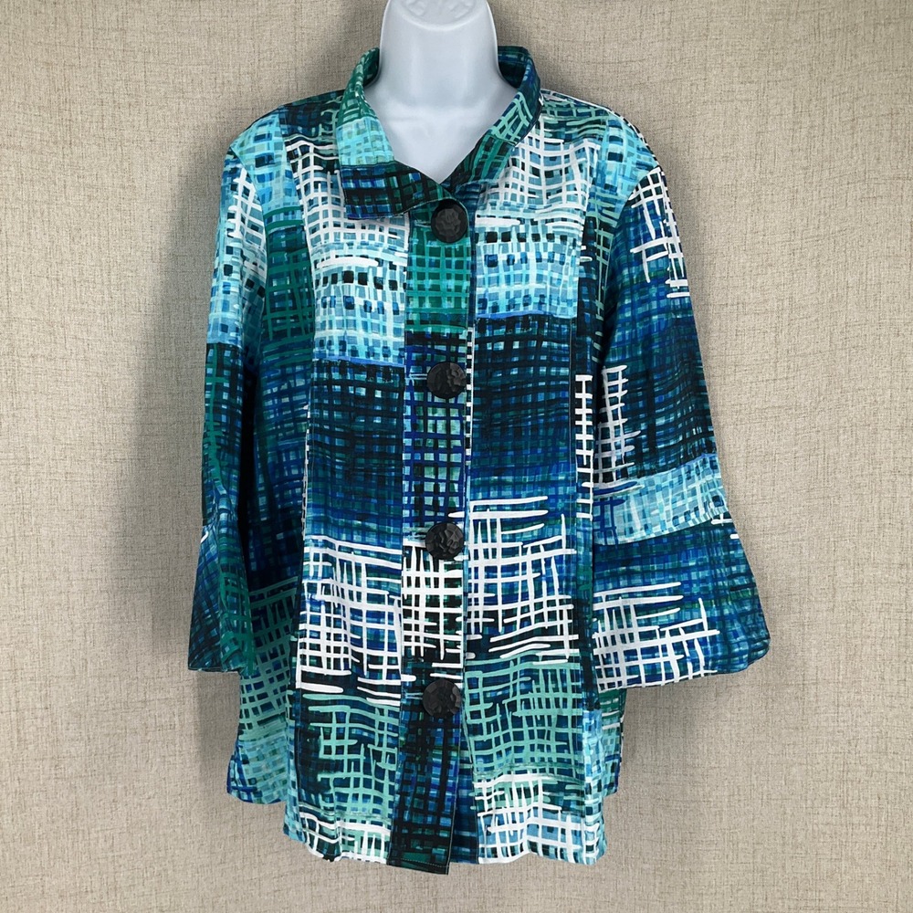 Ali Miles Jacket Women L Blue Abstract Grid Button Front Modern Art to Wear NEW